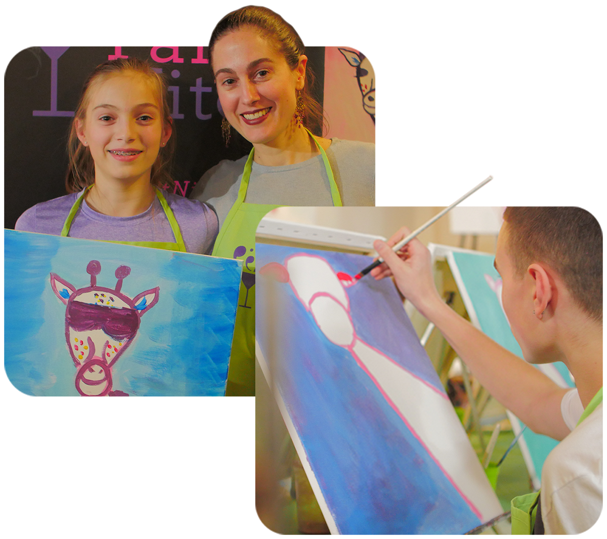 Mom and daughter holding a painted canvas after Paint Nite. Boy painting a colorful giraffe in an art class.